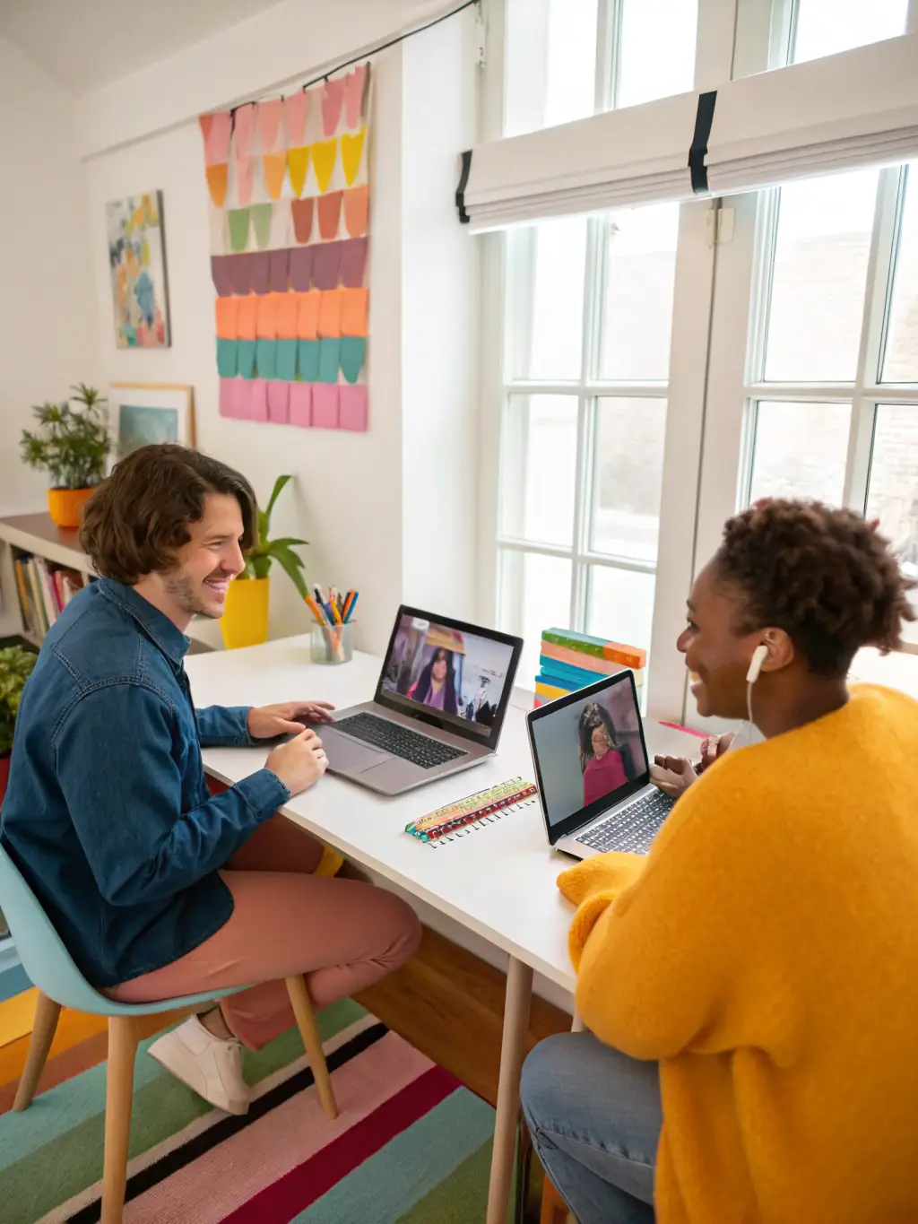 A close-up shot of two people smiling genuinely at each other during a video call on EfiDate, showcasing the platform's ability to facilitate meaningful digital interactions.