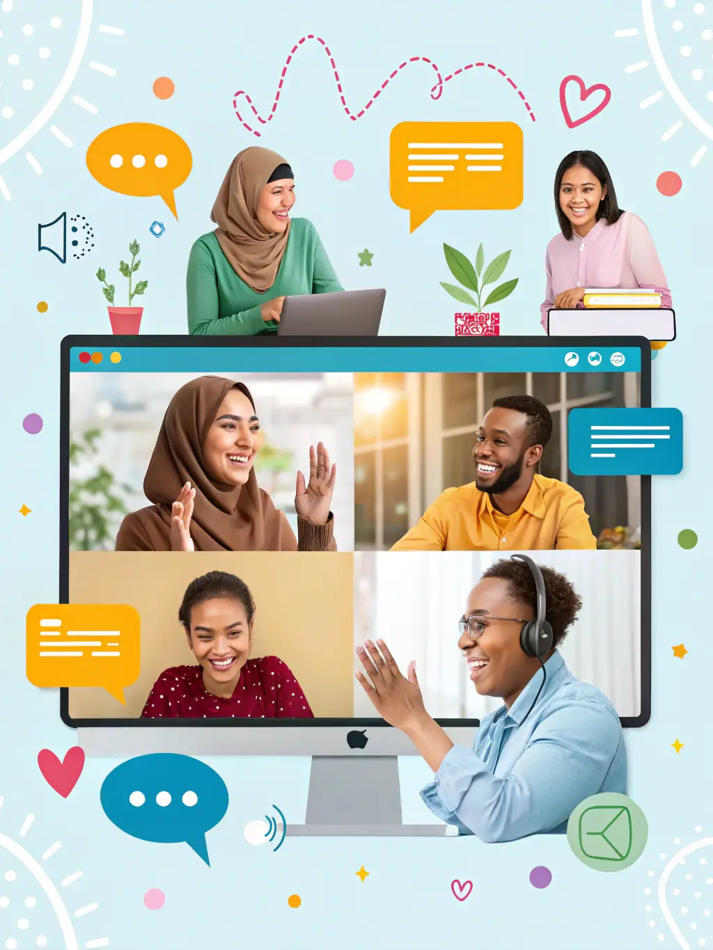 A diverse group of people engaging in a lively and respectful conversation within the EfiDate platform's chat feature, emphasizing the community aspect.